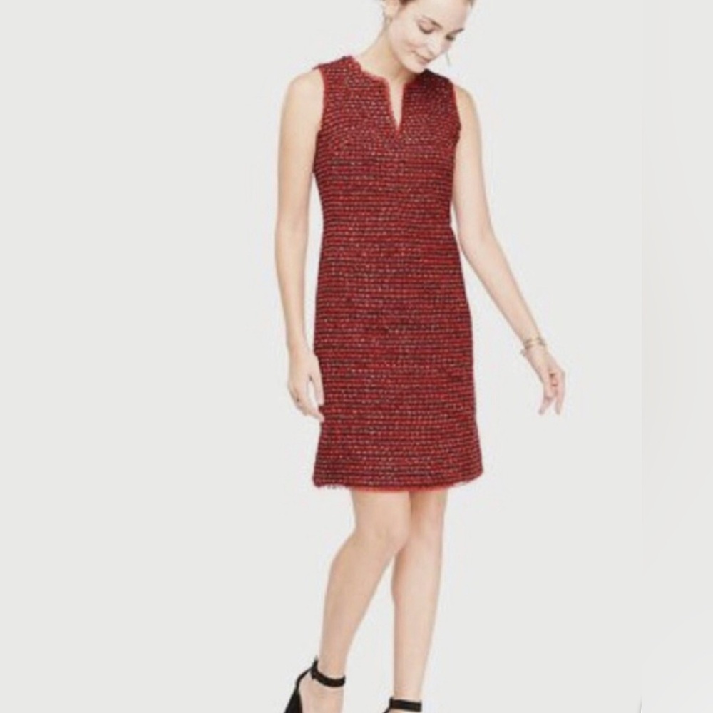 Ann Taylor Red Metallic w/ Fringe Sleeveless V-Neck Tweed Sheath Dress Size 14